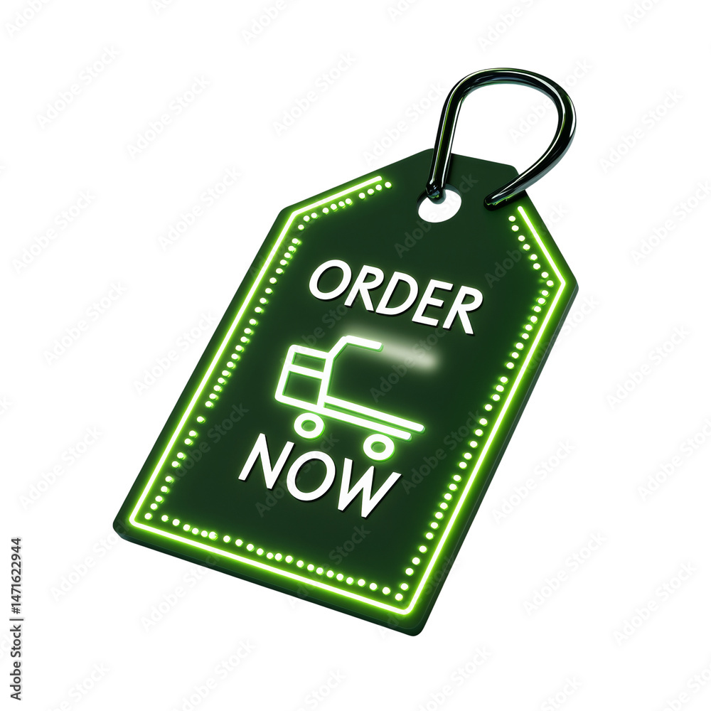 Poster illuminated order now tag on white backdrop showcases simple e-commerce