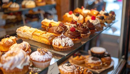 Fototapeta premium Assortment of Cream and Berry Pastries in a Bakery Display Case