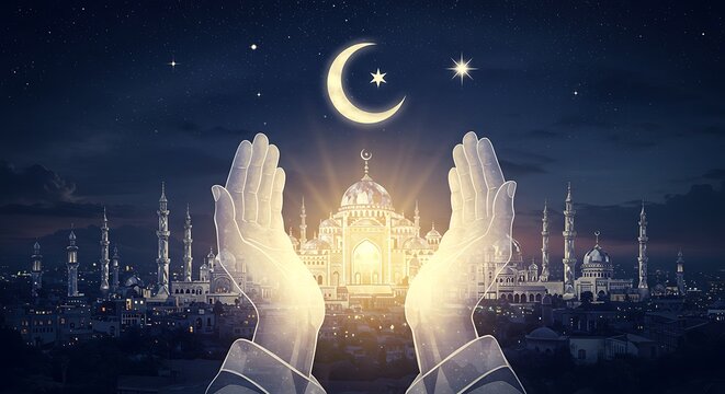 Praying Hands Eid Night.  illustration depicting two hands raised in prayer