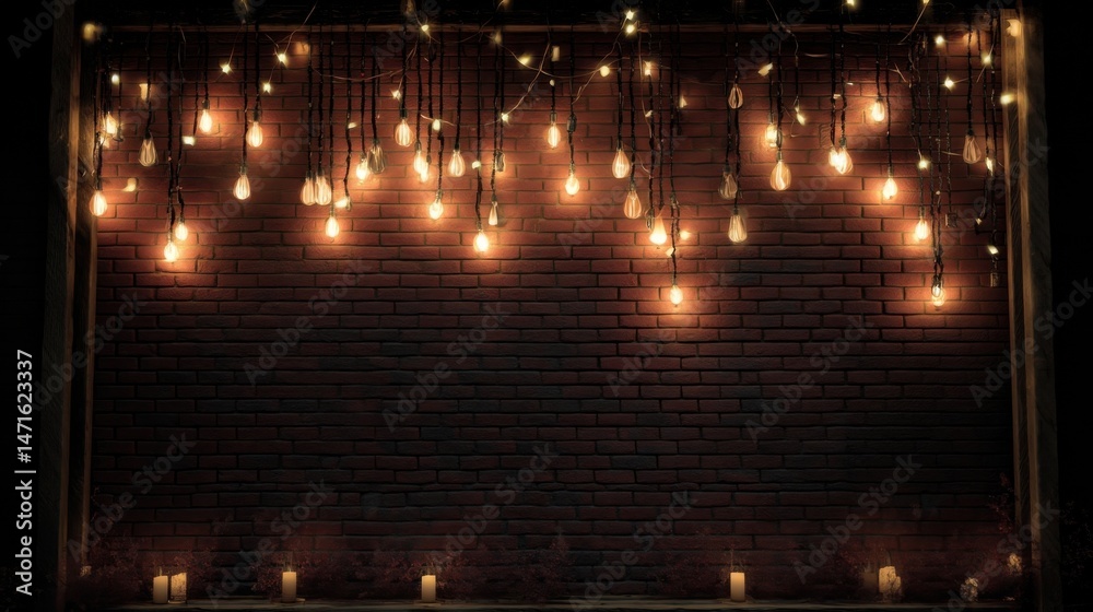 Poster warm, inviting ambiance with glowing edison bulbs strung against a rustic brick wall, creating a coz