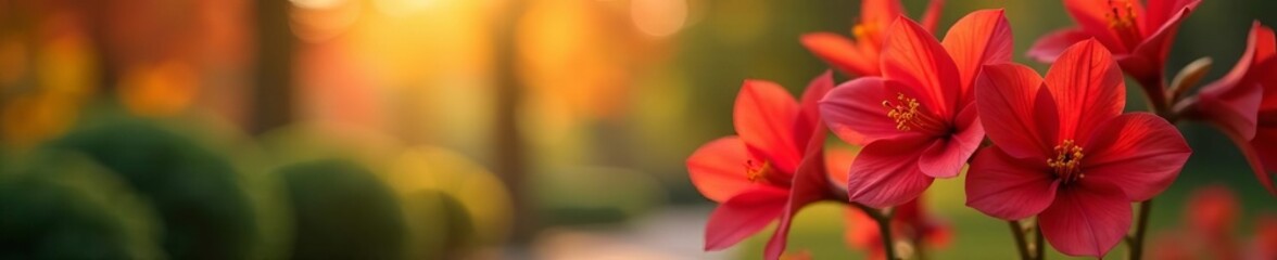 Close up of red equinox flowers against a backdrop of colorful autumn foliage in park, close up, nature, park