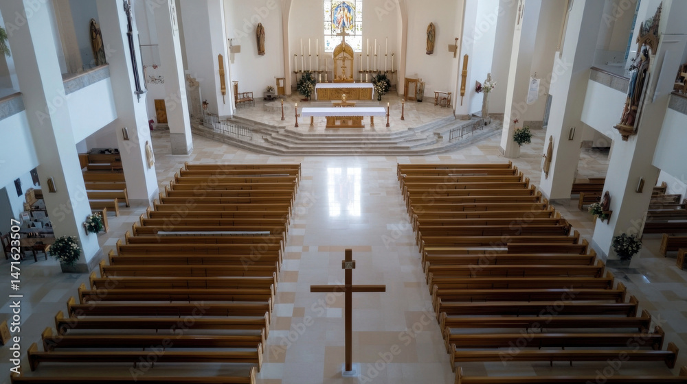 Poster high-angle view of a modern church interior, showcasing rows of empty wooden pews leading towards an