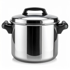 Stainless Steel Pressure Cooker with Black Handles on White Background
