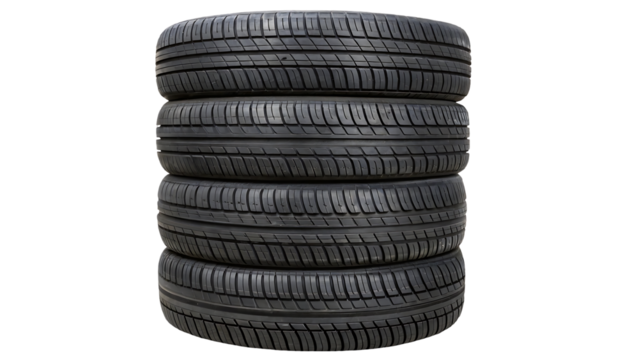 a vertical stack of six deep black tires with distinctive tread grooves aligned flawlessly to highlight their precision manufacturing isolated on a transparent background 82263107 1