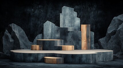 Modern, minimalist, product display podiums against a dark, rocky backdrop