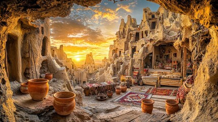 Fototapeta premium Ancient cave dwellings overlooking a desert landscape at sunset.