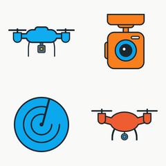 Colorful vector illustration of drone monitoring tools including radar scan, flying drones and camera equipment