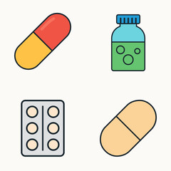 Healthcare illustration with pharmaceutical items including capsules, syrup, and tablet strip on white background