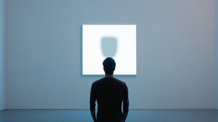 Obraz premium Person in dark attire observing abstract light display, minimalist space emphasizing creativity and contemplation, room for text.