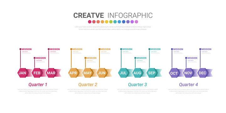 Infographic quarterly template for presentation 12 months in 4 quarter can be used for workflow layout, process diagram, flow chart.