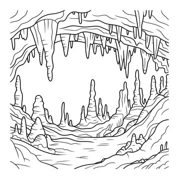 Stalactite and stalagmite in a cave Coloring Page, Silhouette, Vector, Illustration, Icon, Logo, White Background.