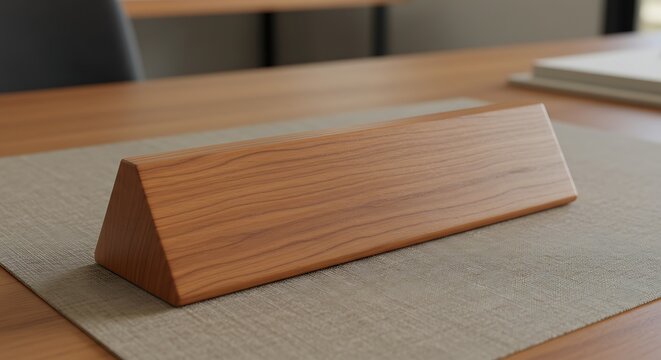 Elegant wooden desk nameplate on a minimalist workspace conveys professionalism