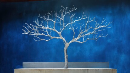 Silvery metal tree sculpture against a deep blue backdrop.