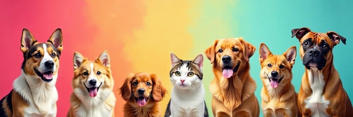 Colorful background design featuring various breeds of cats and dogs, backdrop, pets, furry