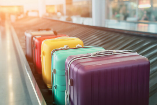 Colorful Suitcases on Luggage Conveyor Belt at Airport