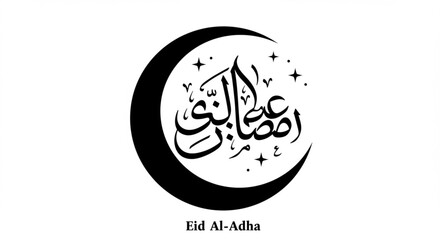 Obraz premium Eid Al-Adha Crescent Moon with Arabic Calligraphy | Islamic Holiday Celebration Symbol for Greeting Cards and Religious Designs