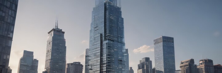 Obraz premium Sleek glass skyscraper rising, city skyline backdrop, foundation, evolution, high-tech