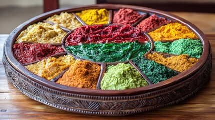 Fototapeta premium Colorful spice and herb collection in a wooden tray