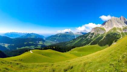 Fototapeta premium Panoramablick auf die Bayerischen Alpen mit grünen Wiesen