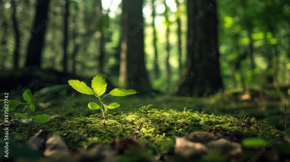 Aufkleber a single, vibrant green sapling emerges from the mossy forest floor, bathed in soft sunlight filteri