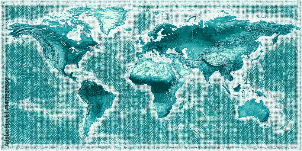 Poster teal stylized world map, textured with a dotted pattern, showing continents and oceans. represents g