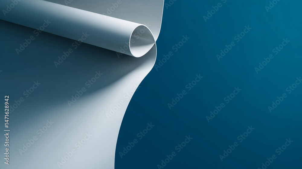Poster Light gray paper curl against teal background, showcasing smooth texture and elegant form, ideal for minimalist design or presentation mockup