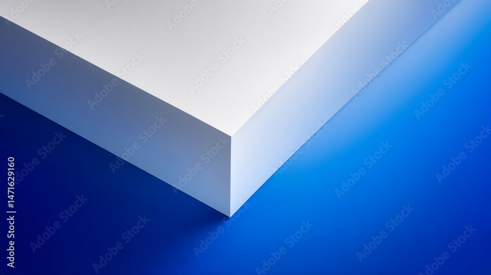 Poster abstract image of white and blue geometric shapes forming a corner, showcasing clean lines and a mod