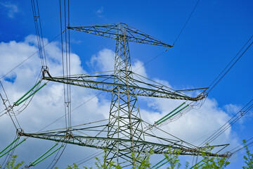 Power poles in spring on the field and meadow, Brandenburg, Germany