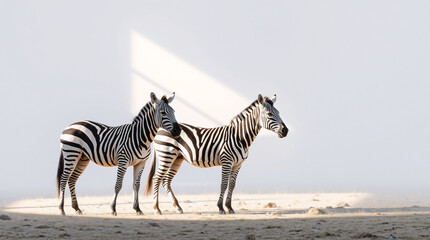 Two zebras standing in savanna with sunlight.
