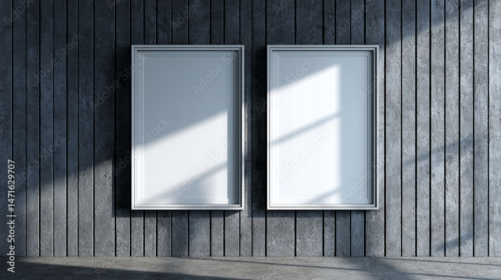 Poster two blank frames on gray concrete wall, showcasing free space for advertisement or text, ideal for m