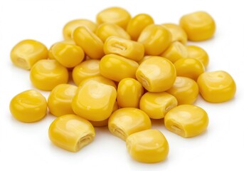 Pile of bright yellow corn kernels isolated on a white background, perfect for cooking or as a healthy snack