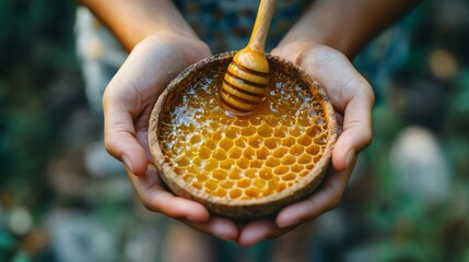 Honeycomb in a wooden bowl held by hands outdoors.