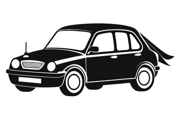 Black car with ribbon on a white background presents a classic monochrome vehicle