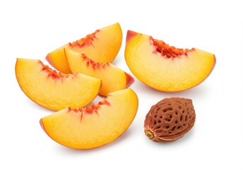 Sliced peach fruit with a pit arranged on a white surface showcasing the vibrant colors and texture