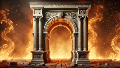 Detailed Ancient Arches with Flames 3D Illustration