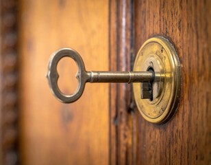 Vintage brass key in keyhole on wooden door