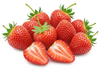 Pile of fresh strawberries, some whole and one cut in half, with green stems on a white background