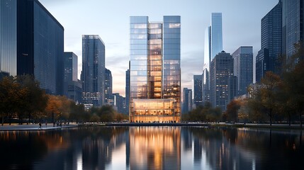 Modern skyscraper in a city park setting