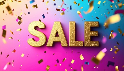 Vibrant gold glitter 3d sale sign with colorful confetti celebration