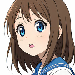 Anime Style Close-Up Portrait of a Young Girl with Long Brown Hair and Purple Eyes on Transparent Background