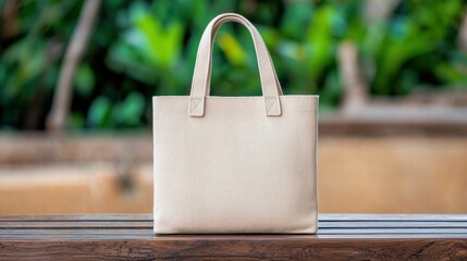 Handstitched Concept, Handstitched Tote Bag Resting on Wooden Bench Surrounded by Lush Greenery in a Natural Setting