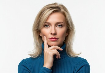 Thoughtful blonde woman in blue turtleneck poses with finger to cheek on white background