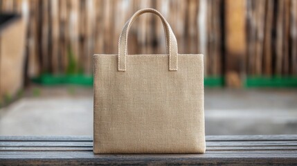 Handstitched Concept, Handstitched Tote Bag Resting on Wooden Bench with Natural Background in Soft Lighting