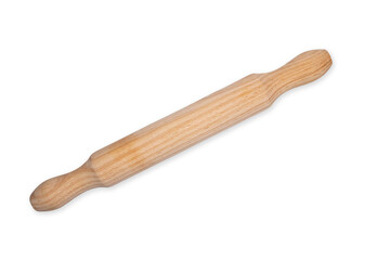 Top view of a wooden rolling pin for dough kneading isolated on a cut out PNG transparent background