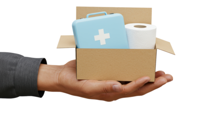 Isolated Hand Holding Box with Medical Supplies