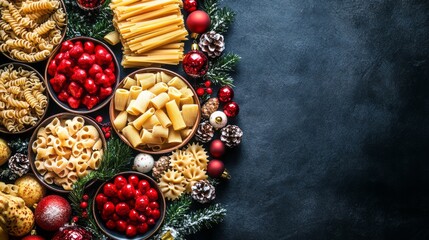 Variety of pasta types presented with festive Christmas decorations.