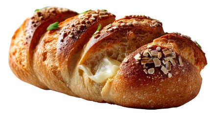 Delicious Baked Bread: Capturing a delectable freshly baked loaf of bread, boasting a golden crust, soft filling and appealing presentation.