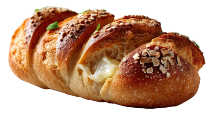 Delicious Baked Bread: Capturing a delectable freshly baked loaf of bread, boasting a golden crust, soft filling and appealing presentation.