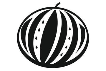 A monochrome watermelon symbol shows rounded stripes and teardrop seeds on a white backdrop