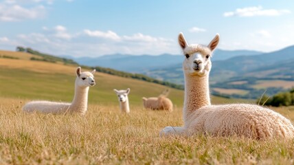 Fototapeta premium Alpacas Resting in a Sunny Mountain Meadow alpacas resting meadow sunny alpaca group herd mammal fur